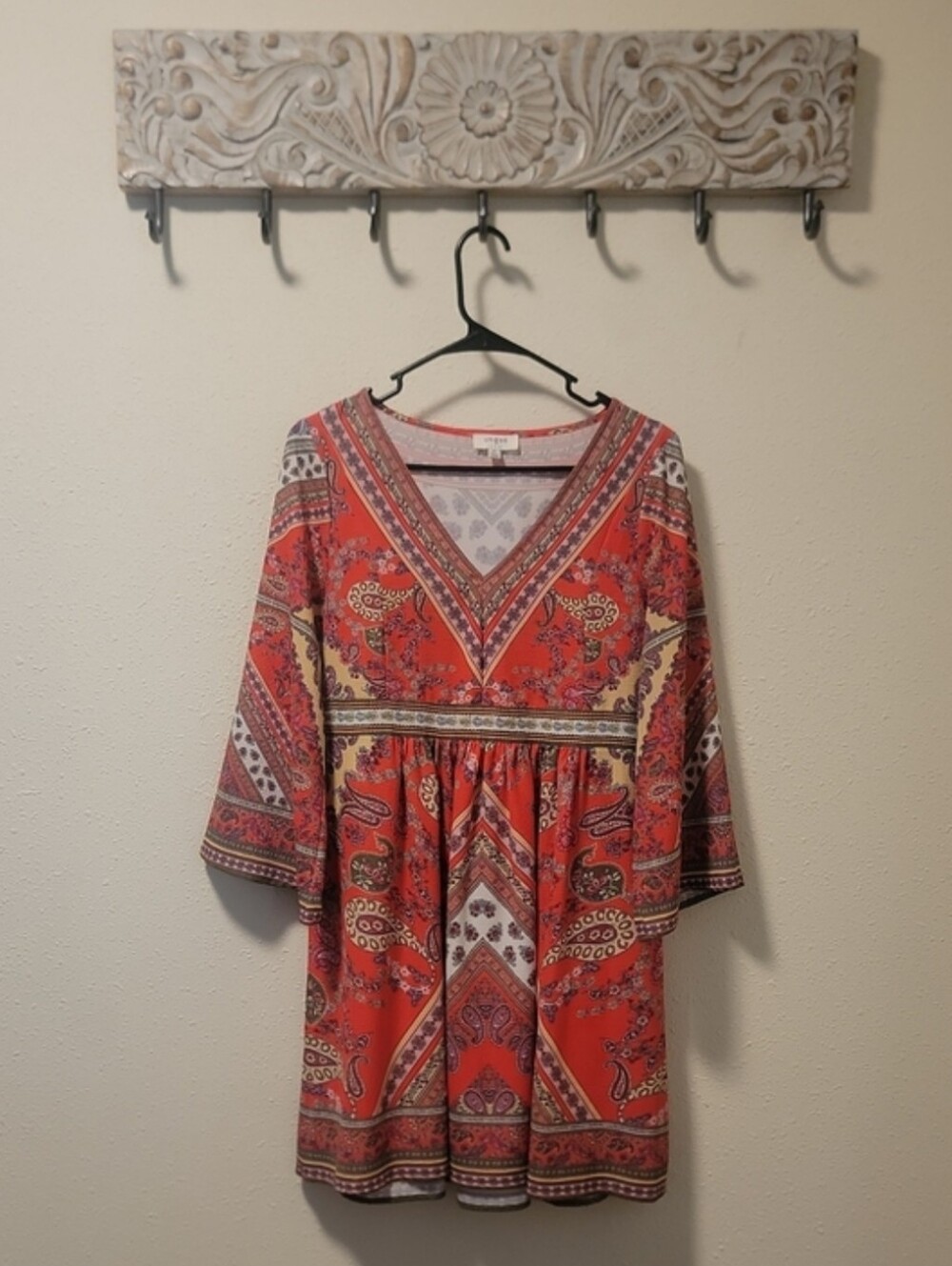 Umgee Coral Paisley V-Neck Empire Waist Long Sleeve Dress - Picture 6 of 6